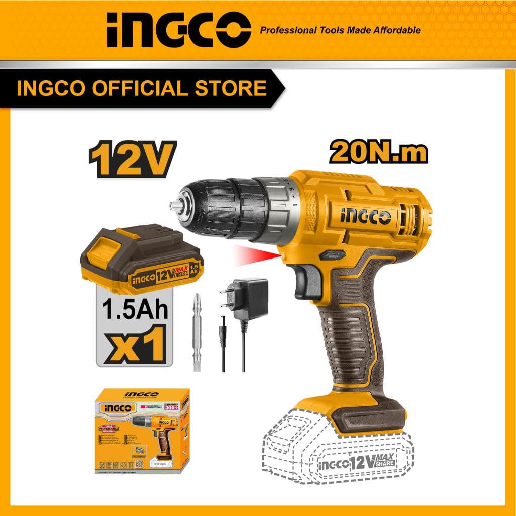 INGCO รุ่น CDLI1218 แรงบิด 20 N.m ไขควงคลัชไร้สาย เจาะ ขันสกรู สว่านไร้สายแบตเตอรี่ 12V https://wayoza.com