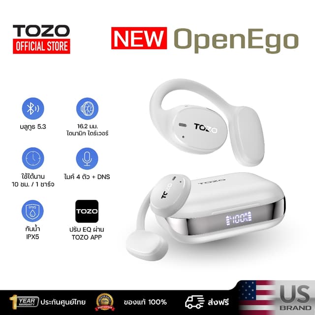 TOZO OpenEgo หูฟังบลูทูธไร้สาย หูฟังออกกำลังกาย Open-ear Design LED Display Bluetooth 5.3 IPX5