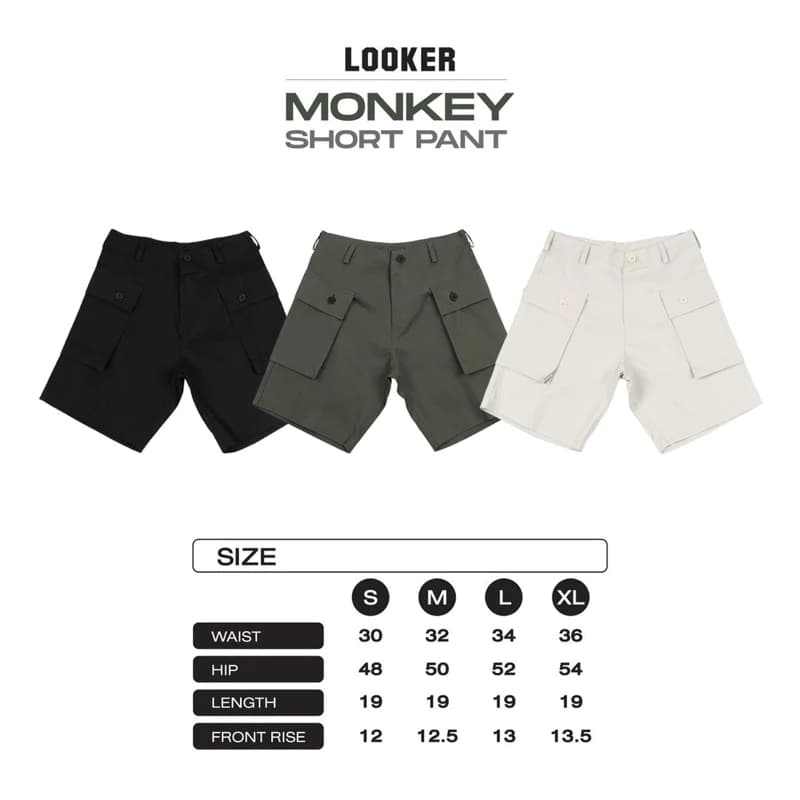 LOOKER - Monkey Short Pants กางเกงขาสั้น (กางเกงวินเทจ Monkey) สีครีมขาว สีดำ สีเขียว https://wayoza.com