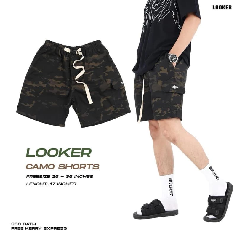 LOOKER - CAMO SHORTS  กางเกงคาร์โก้ขาสั้น กางเกงขาสั้น คาร์โก้ ลายทหาร ลายพราง สีน้ำตาลอ่อน สีเขียวเข้ม สีเขียวอ่อน สีทหาร https://wayoza.com