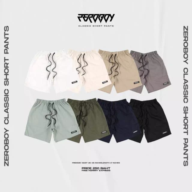 ZEROBOY - กางเกงขาสั้นวินเทจ เอวยางยืด สีขาว สีครีม สีเขียวมิ้นท์ สีเทาอ่อน สีกรม สีดำ