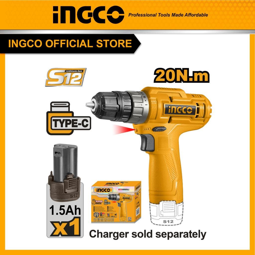 INGCO รุ่น CDLI12428 แรงบิด 20 N.m ไขควงคลัชไร้สาย เจาะ ขันสกรู สว่านไร้สาย 12V https://wayoza.com
