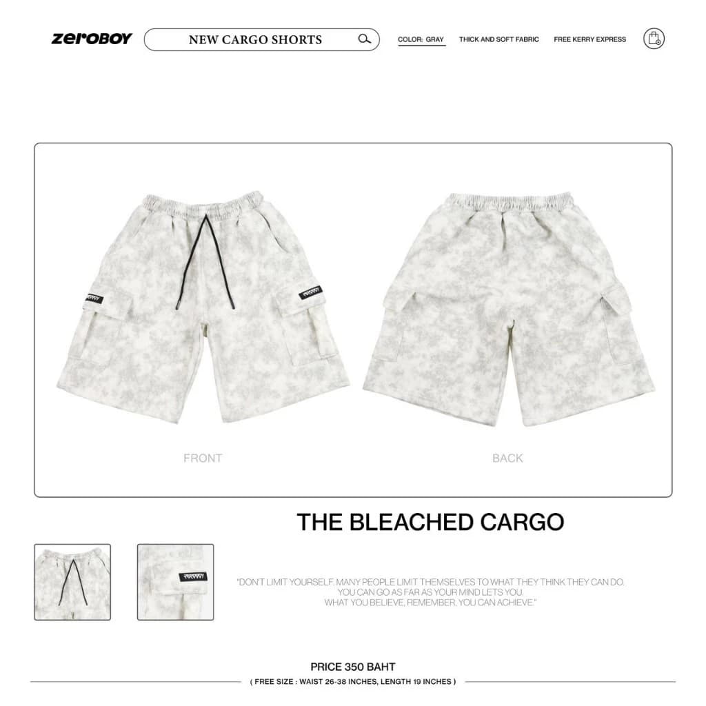 ZEROBOY - The Bleached Cargo กางเกงขาสั้นคาร์โก้ 3 สี Black Gray Beige สีดำ สีเทา สีเบจ https://wayoza.com