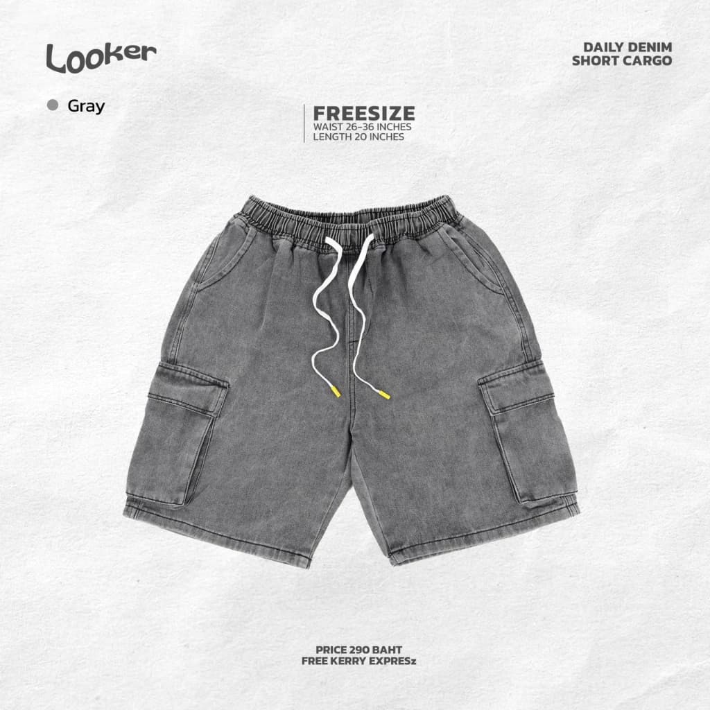 LOOKER - กางเกงยีนส์ขาสั้นเอวยางยืด cargo กางเกงคาร์โก้ขาสั้น สีฟอก สีดำ https://wayoza.com