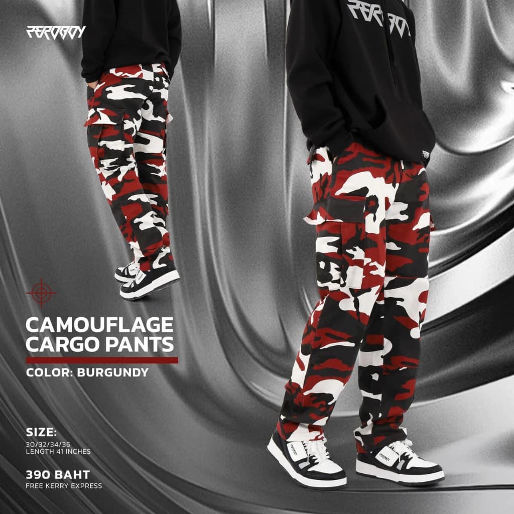 ZEROBOY Camouflage Cargo Pants กางเกงทรงคาร์โก้ลายทหารรุ่นใหม่สีสดใส สีแดง สีม่วง สีชมพู สีส้ม https://wayoza.com