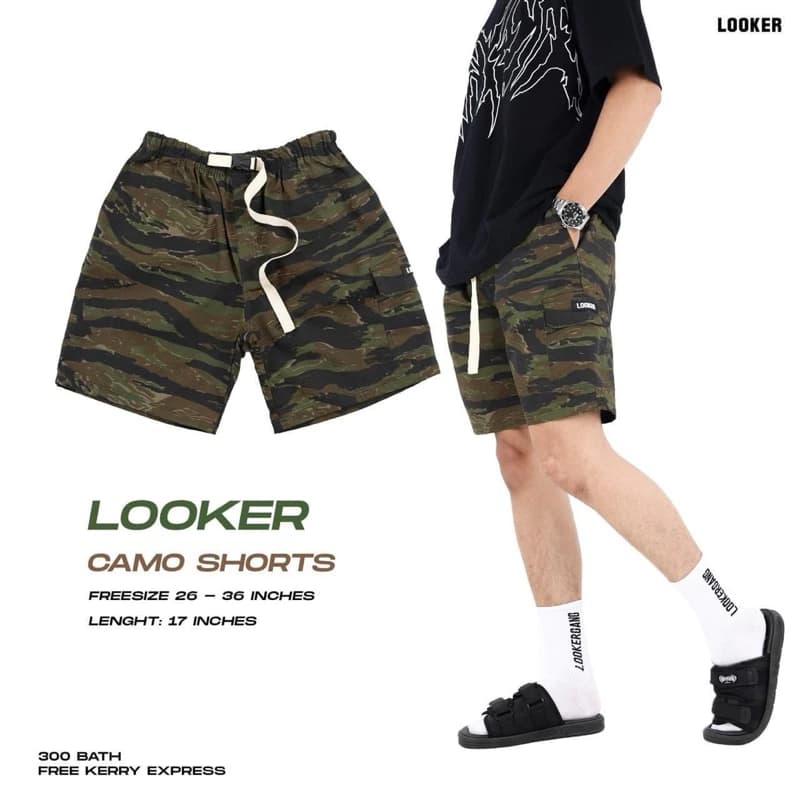 LOOKER - CAMO SHORTS  กางเกงคาร์โก้ขาสั้น กางเกงขาสั้น คาร์โก้ ลายทหาร ลายพราง สีน้ำตาลอ่อน สีเขียวเข้ม สีเขียวอ่อน สีทหาร https://wayoza.com
