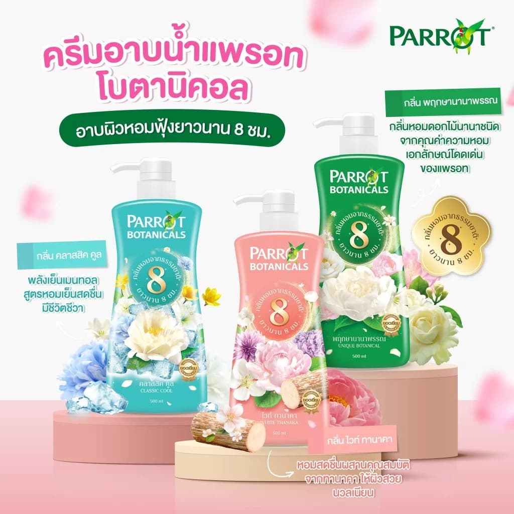 PARROT แพรอทครีมอาบน้ำ พฤกษานานาพรรณ สีเขียว Botanicals Green สบู่เหลว Liquid soap https://wayoza.com