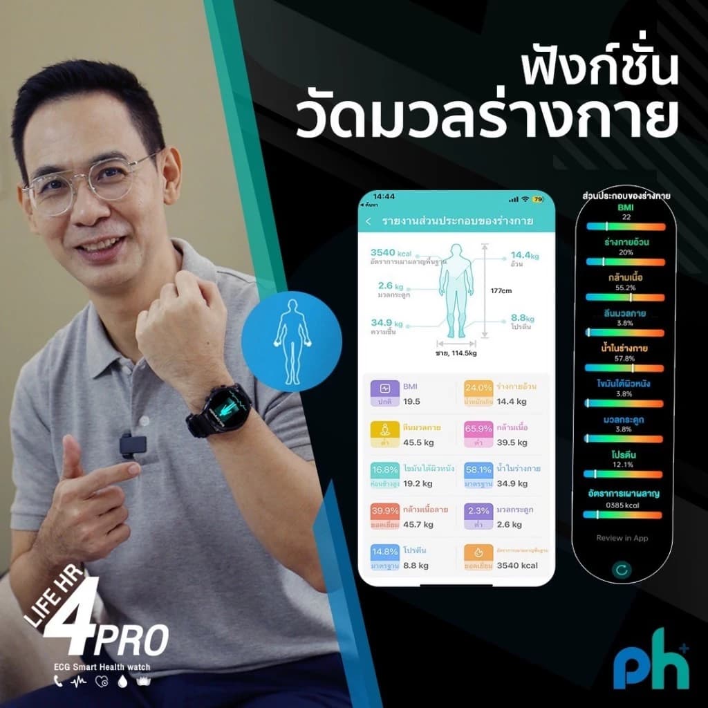 Pure Health PH Life HR4 Pro นาฬิกาวัดความดัน ไขมัน น้ำตาลในเลือด กรดยูริค คลื่นไฟฟ้าหัวใจ ECG รับสายโทรออก พร้อมระบบ SOS https://wayoza.com