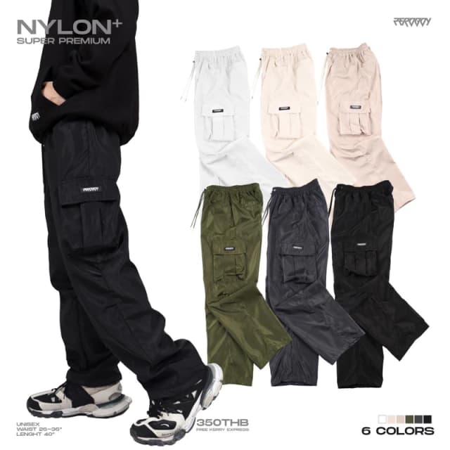 ZEROBOY - NYLON PANTS กางเกงขายาววินเทจผ้าร่ม สีครีมขาว สีครีมเหลือง สีดำ สีเทา สีเขียวขี้ม้า สีขาว