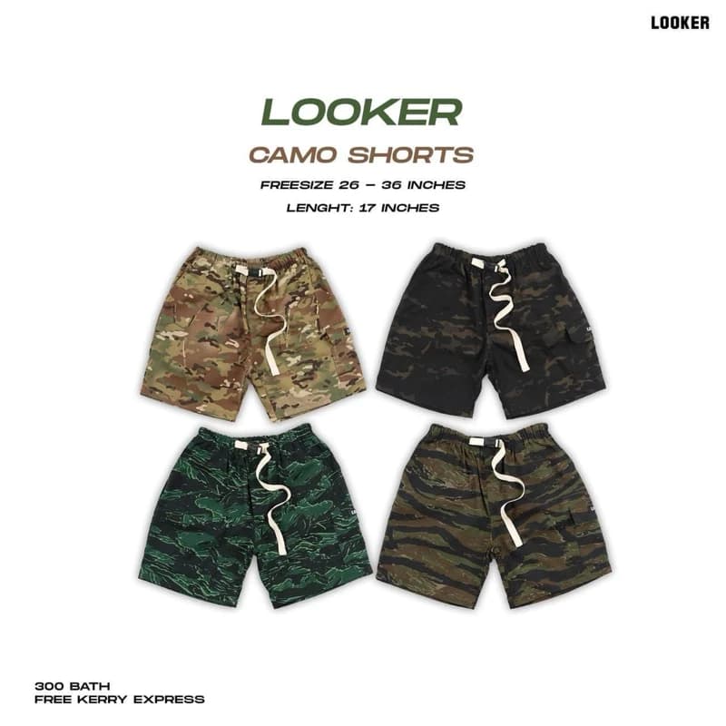LOOKER - CAMO SHORTS  กางเกงคาร์โก้ขาสั้น กางเกงขาสั้น คาร์โก้ ลายทหาร ลายพราง สีน้ำตาลอ่อน สีเขียวเข้ม สีเขียวอ่อน สีทหาร https://wayoza.com