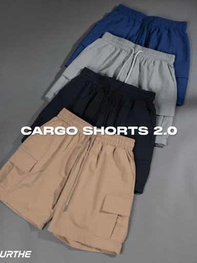 URTHE - กางเกงขาสั้น คาร์โก้ เอวยืด รุ่น CARGO SHORTS สี ดำ เทา น้ำตาล