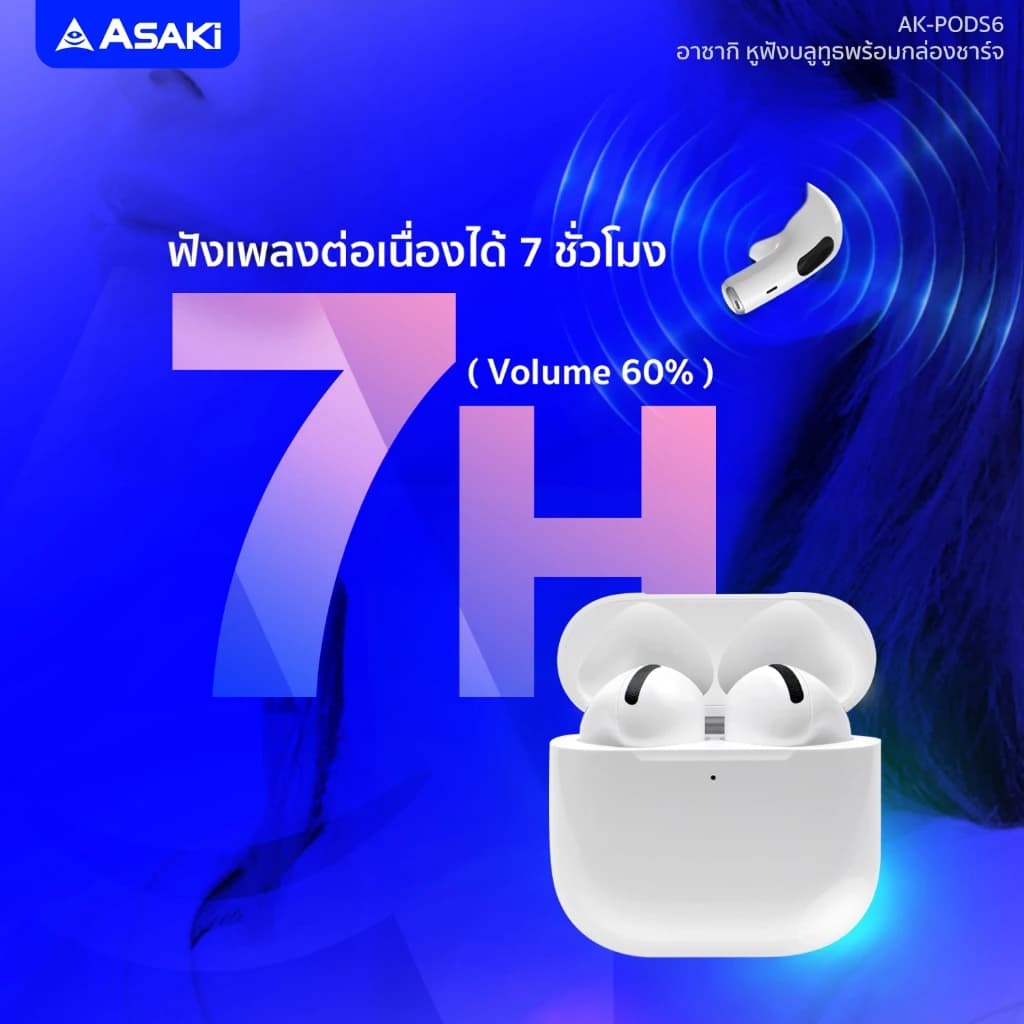 Asaki Earphone หูฟังบลูทูธ หูฟังไร้สาย พร้อมกล่องชาร์จ เสียงดัง เบสแน่น รุ่น AK-PODS6 ประกัน 1 ปี https://wayoza.com