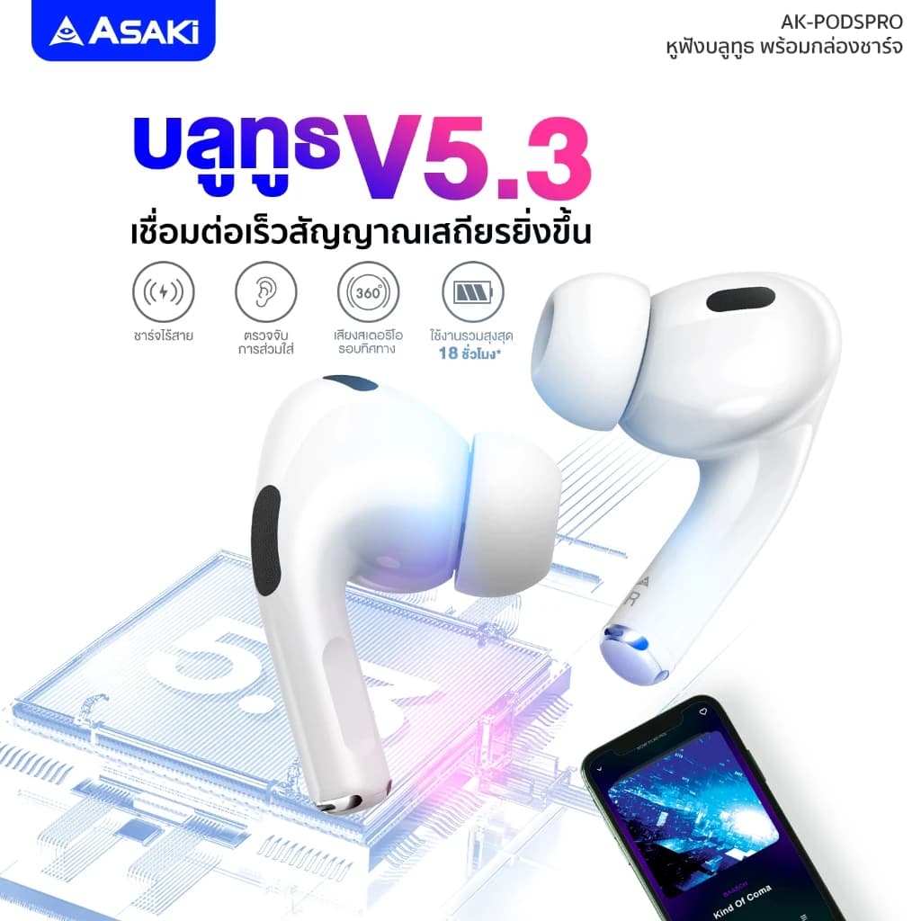 ASAKi AK-PODSPRO Earphone หูฟังบลูทูธ V 5.3 ระบบ ANC ตัดเสียงรบกวน  - รับประกัน 1ปี https://wayoza.com