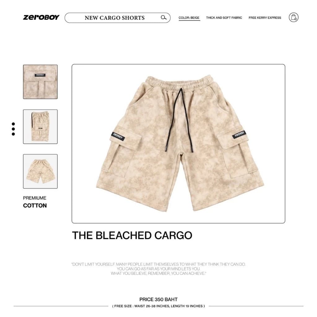 ZEROBOY - The Bleached Cargo กางเกงขาสั้นคาร์โก้ 3 สี Black Gray Beige สีดำ สีเทา สีเบจ https://wayoza.com