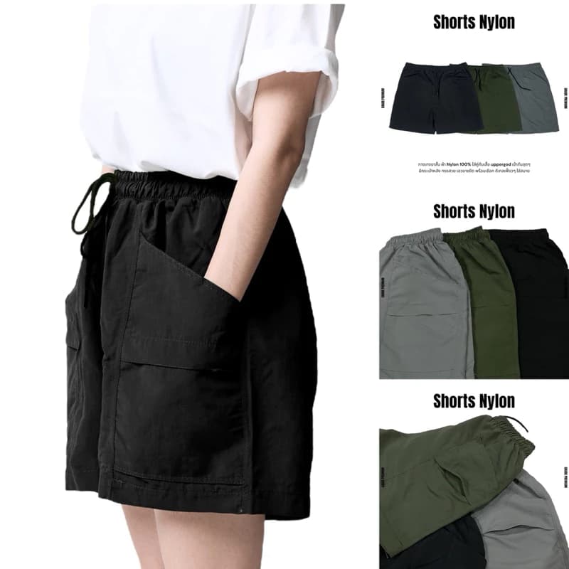 UPPERGOD กางเกงขาสั้น Shorts Nylon มีเชือกผูกเอว เกรดพรีเมี่ยม สีดำ สีเทา สีเขียวขี้ม้า สีครีม https://wayoza.com