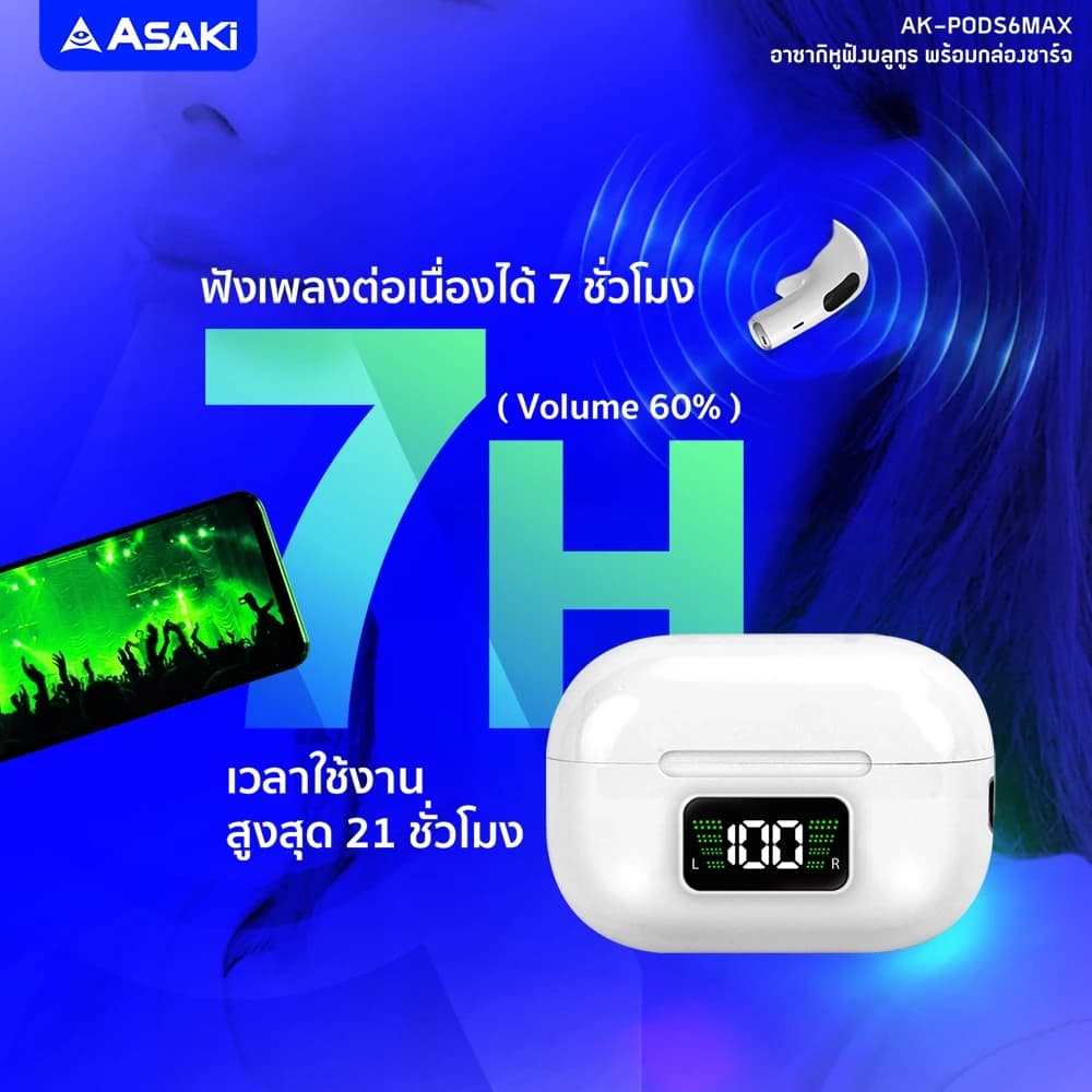 ASAKi AK-PODS6MAX Bluetooth 5.3 Earphone หูฟังไร้สาย หูฟังบลูทูธ  เบสแน่น ไมค์ชัด - รับประกัน 1 ปี https://wayoza.com