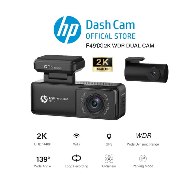 HP F491X กล้องติดรถยนต์ Dashcam 2K กล้องติดรถยนต์หน้า-หลัง Sensor WiFi + GPS มุมกว้าง 139 ° รับประกันศูนย์ไทย2ปี