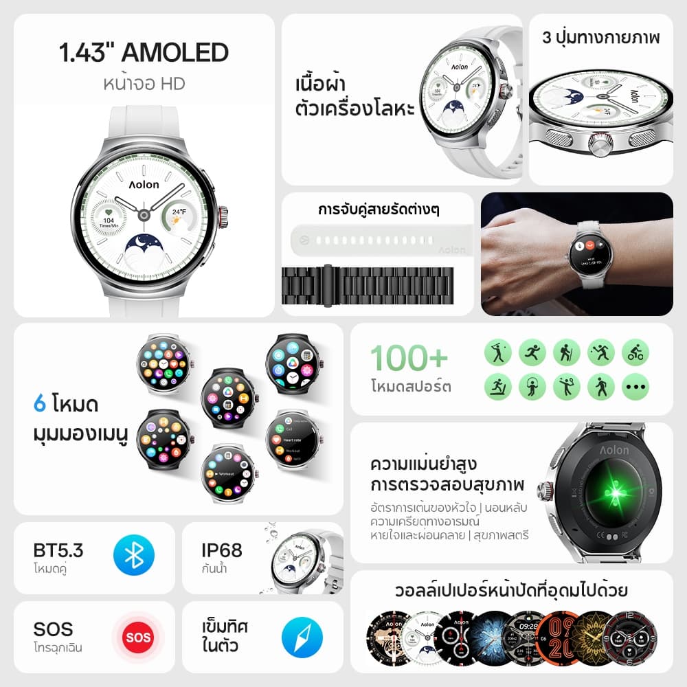 Aolon Prime 3 นาฬิกาสมาร์ทวอทช์ สแตนเลส 1.43'' หน้าจอ AMOLED กันน้ำ IP68 AOD ระบุประเภทการเคลื่อนไหวโดยอัตโนมัติ https://wayoza.com