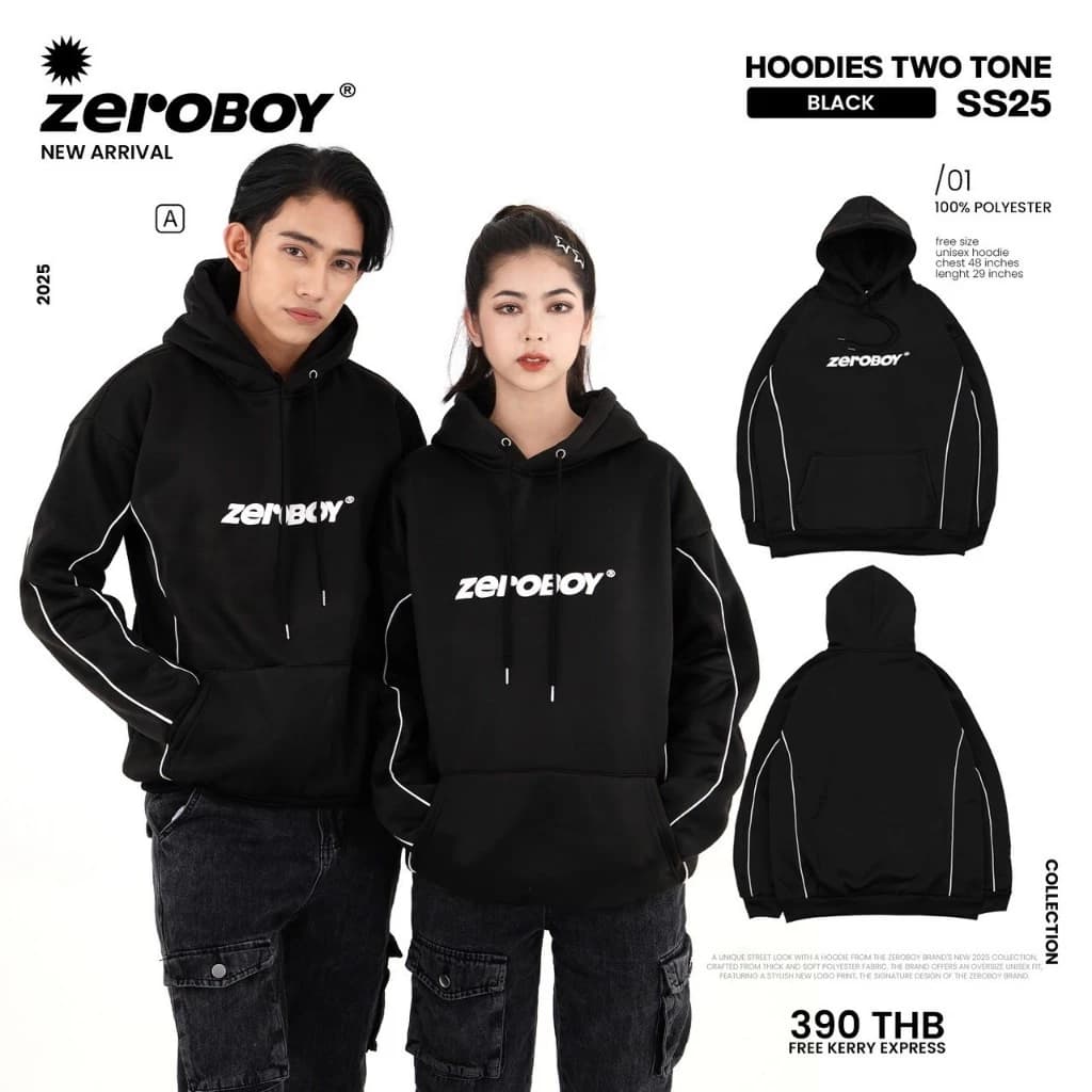 ZEROBOY - Hoodies Two Tone SS25 สีดำแถบขาว สีดำแถบน้ำตาล สีดำแถบเทา สีดำแถบเขียว สีดำแถบน้ำเงิน สีดำแถบดำ https://wayoza.com