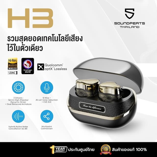 SoundPEATS H3 หูฟังบลูทูธ 3 ไดเวอร์ Bluetooth 5.4 หูฟังไร้สาย Inear หูฟัง Hi-Res True Wireless Snapdragon Sound
