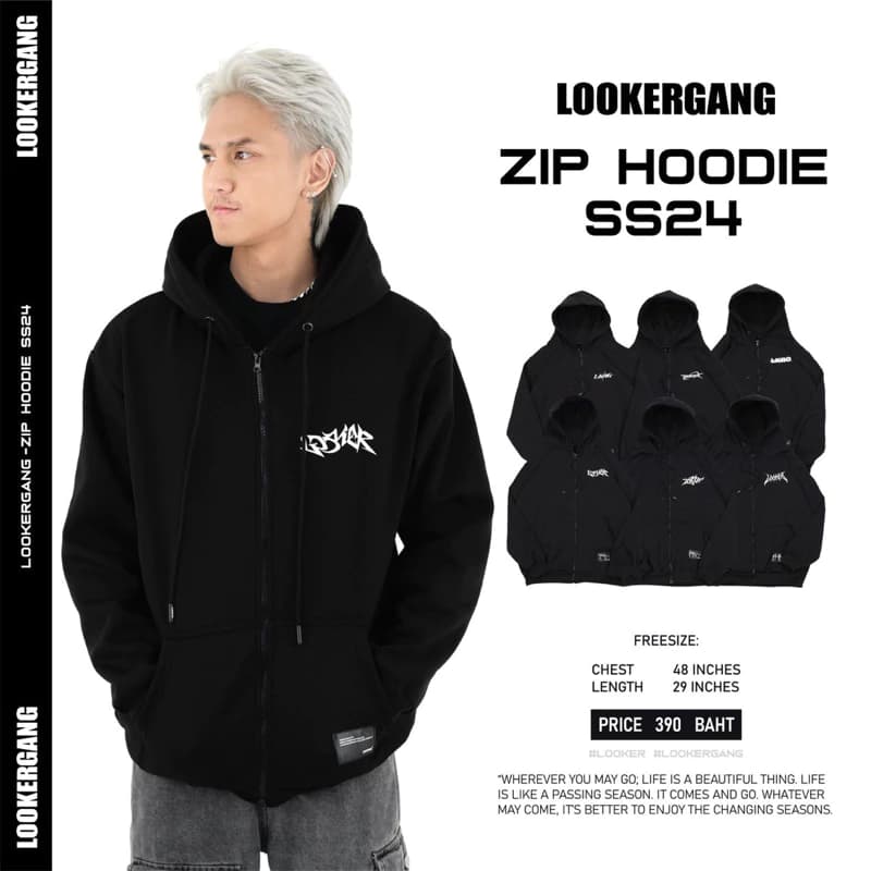 LOOKERGANG -Zip Hoodie ฮู้ดซิปสีดำ ฮูดแขนยาว https://wayoza.com