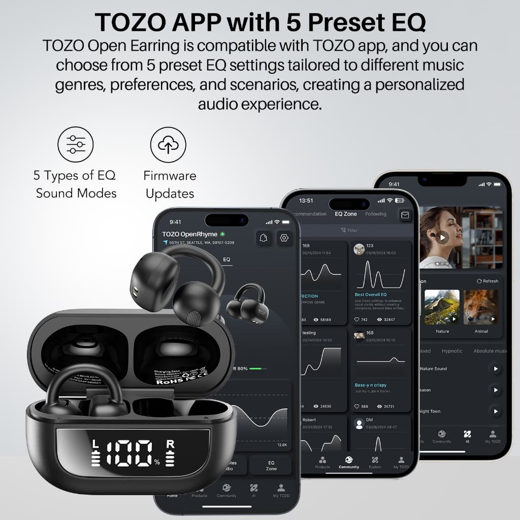 TOZO OpenRhyme หูฟังบลูทูธ หูฟังไร้สาย หูฟังคลิปออน เบสหนัก Bluetooth 5.3 แบต 8 ชม/ชาร์จ IPX5 Game Mode https://wayoza.com