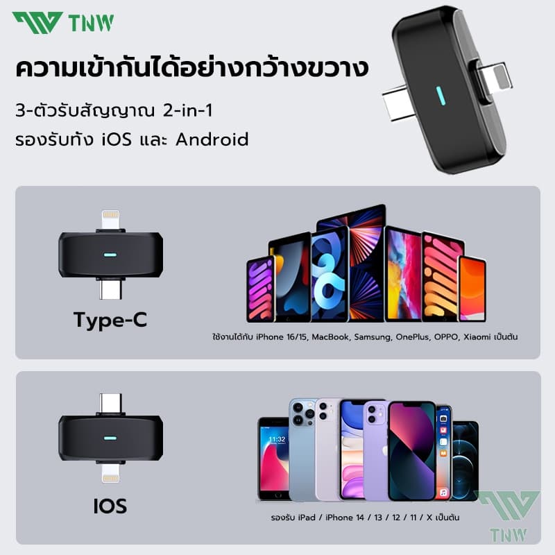 TNW A37 ไมค์ไร้สายไลฟ์สด 2.4Ghz ไมโครโฟนไร้สาย 2-In-1 Wireless Microphone พร้อมหน้าจอแบบดิจิตอล ไมค์ไร้สาย Lavalier ใช้ได้กับ IOS/Type-C https://wayoza.com