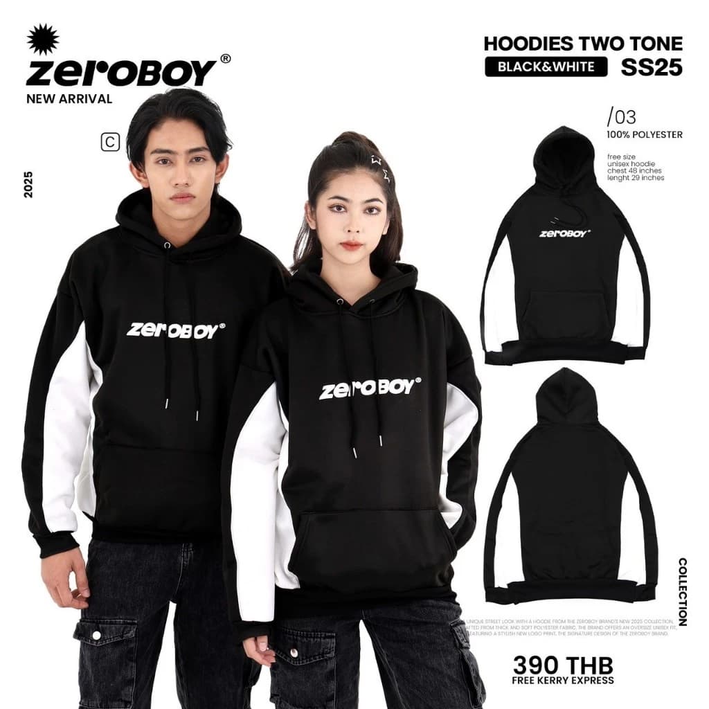 ZEROBOY - Hoodies Two Tone SS25 สีดำแถบขาว สีดำแถบน้ำตาล สีดำแถบเทา สีดำแถบเขียว สีดำแถบน้ำเงิน สีดำแถบดำ https://wayoza.com