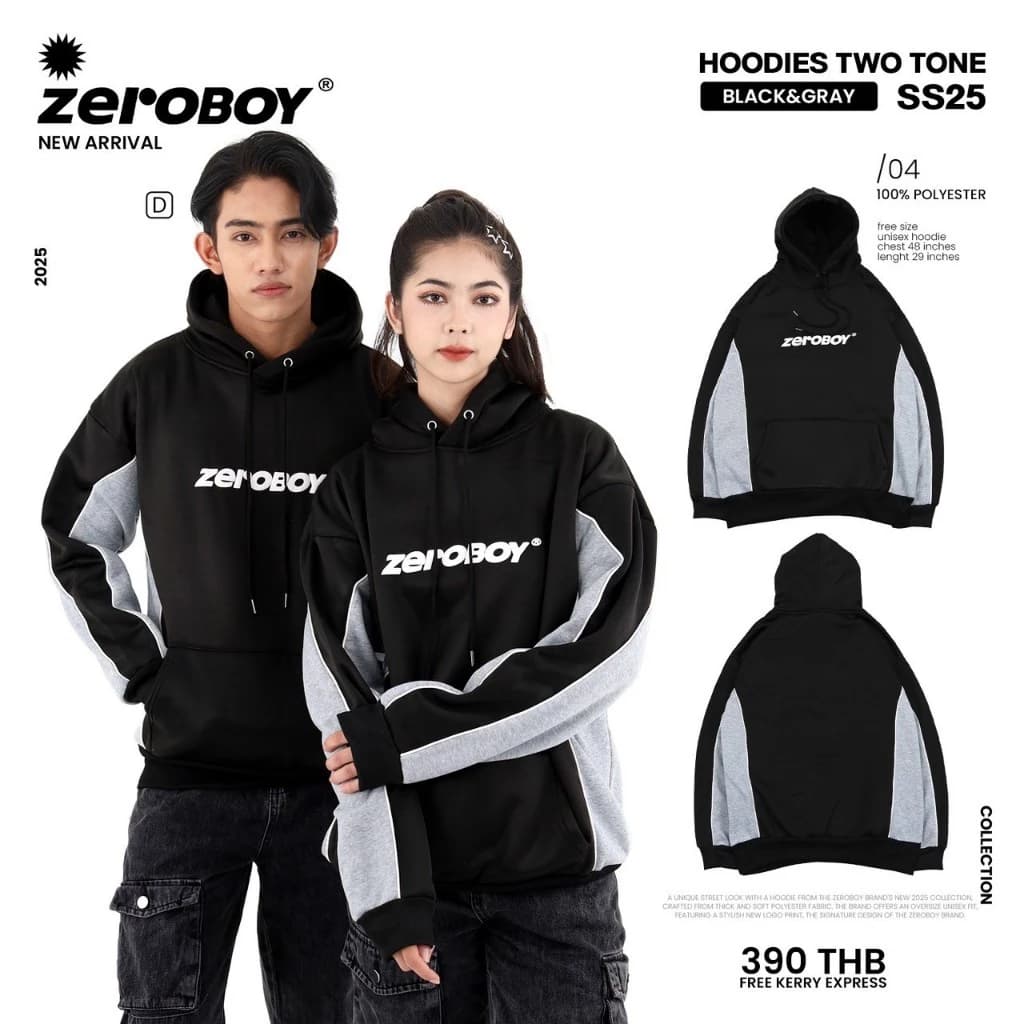 ZEROBOY - Hoodies Two Tone SS25 สีดำแถบขาว สีดำแถบน้ำตาล สีดำแถบเทา สีดำแถบเขียว สีดำแถบน้ำเงิน สีดำแถบดำ https://wayoza.com
