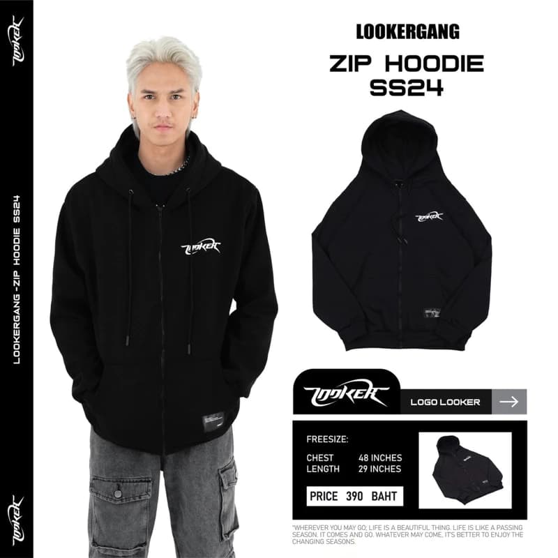 LOOKERGANG -Zip Hoodie ฮู้ดซิปสีดำ ฮูดแขนยาว https://wayoza.com