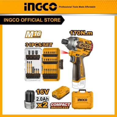 INGCO รุ่น COSLI241083 แรงบิด 170 N.m ไขควงกระแทกไร้สาย ไขควงกระแทก 16V แบต 16V 2 ก้อน, แท่นชาร์จ