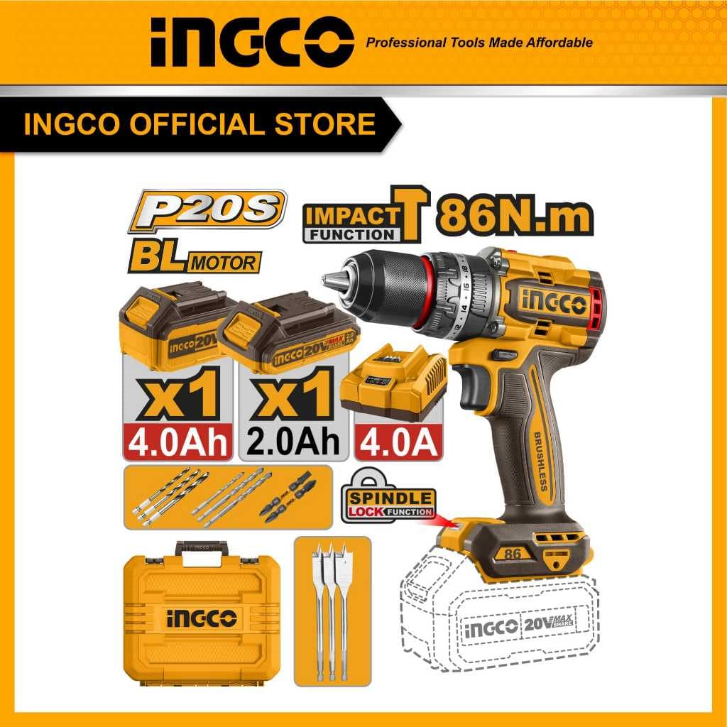 INGCO รุ่น CIDLI20868 แรงบิด 86 N.m สว่านไร้สาย 3 ระบบ เจาะ ขันสกรู กระแทก สว่านกระแทกไร้สาย 20V 4Ah 1 ก้อน, 2Ah 1 ก้อน, แท่นชาร์จ 4A https://wayoza.com