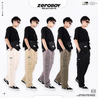 ZEROBOY- RELEX PANTS กางเกงวินเทจขายาวเอวยางยืด 5 สี กางเกงคาร์โก้ สีดำ สีครีมขาว สีครีมเหลือง สีเทา สีเขียวขี้ม้า