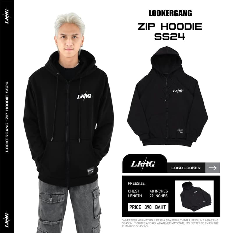 LOOKERGANG -Zip Hoodie ฮู้ดซิปสีดำ ฮูดแขนยาว https://wayoza.com