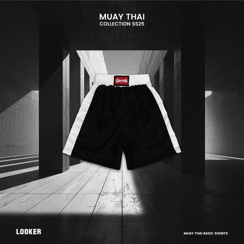 LOOKER กางเกงขาสั้นมวยไทยเบสิค - MUAYTHAI Basic Shorts สีขาว สีดำ https://wayoza.com
