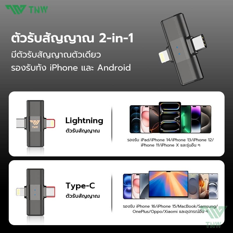 TNW A2/A3 ไมโครโฟนไร้สาย 2-In-1 การตัดเสียงรบกวนอัจฉริยะ ไมค์คู่ ไมค์หนีบปกเสื้อ สำหรับไลฟ์สด รองรับ IOS/Type-C https://wayoza.com