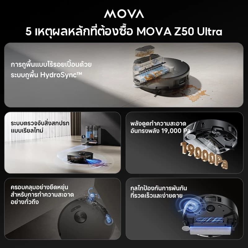 MOVA Z50 Ultra Robot Vacuum Mop หุ่นยนต์ดูดฝุ่น แรงดูด 19000Pa ทำความสะอาดด้วยน้ำร้อนหมุนเวียน สะอาดครบทุกมุม เครื่องถูพื้นอัจฉริยะ https://wayoza.com