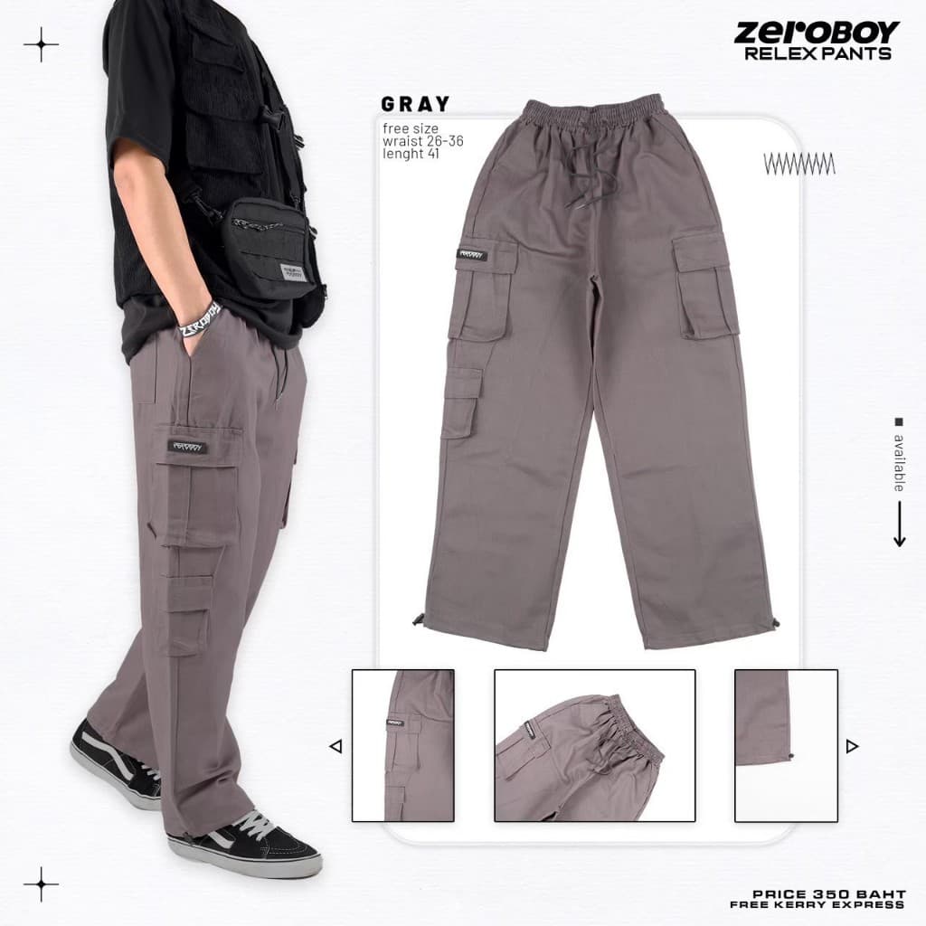 ZEROBOY- RELEX PANTS กางเกงวินเทจขายาวเอวยางยืด 5 สี กางเกงคาร์โก้ สีดำ สีครีมขาว สีครีมเหลือง สีเทา สีเขียวขี้ม้า https://wayoza.com