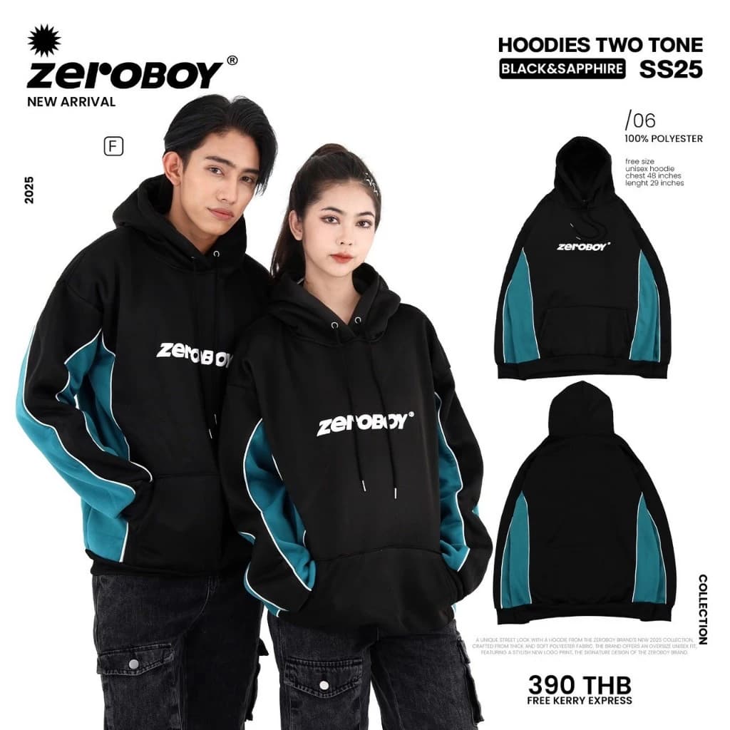 ZEROBOY - Hoodies Two Tone SS25 สีดำแถบขาว สีดำแถบน้ำตาล สีดำแถบเทา สีดำแถบเขียว สีดำแถบน้ำเงิน สีดำแถบดำ https://wayoza.com