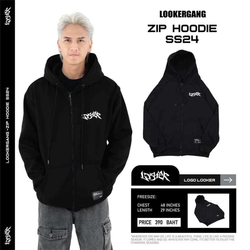 LOOKERGANG -Zip Hoodie ฮู้ดซิปสีดำ ฮูดแขนยาว https://wayoza.com