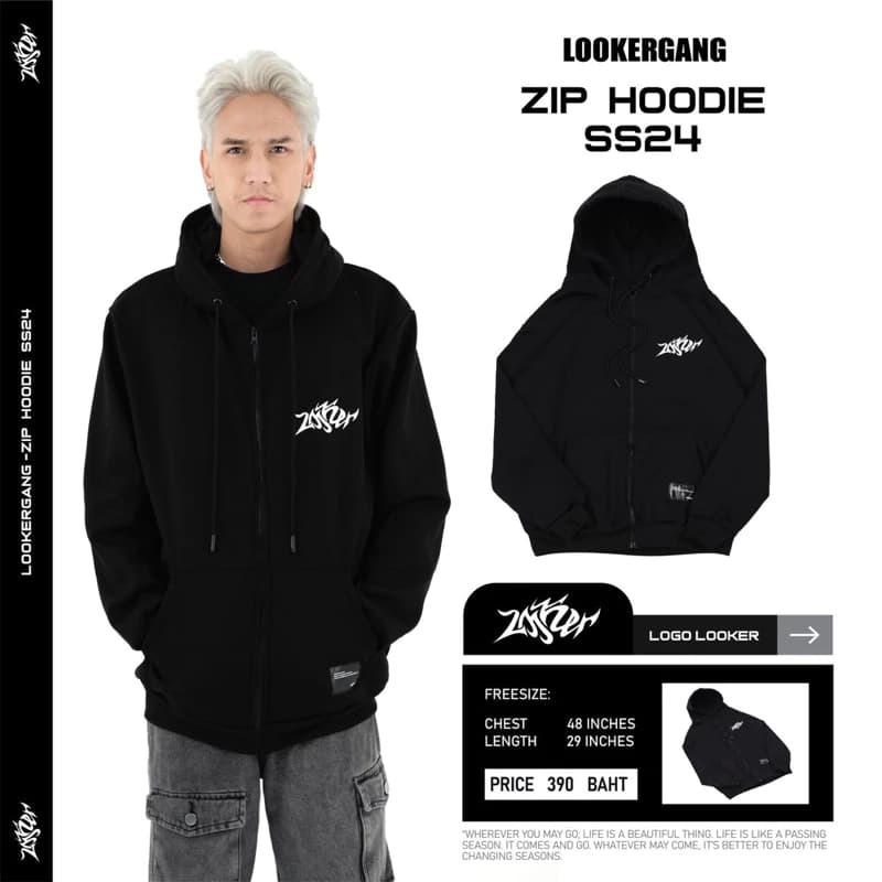 LOOKERGANG -Zip Hoodie ฮู้ดซิปสีดำ ฮูดแขนยาว https://wayoza.com