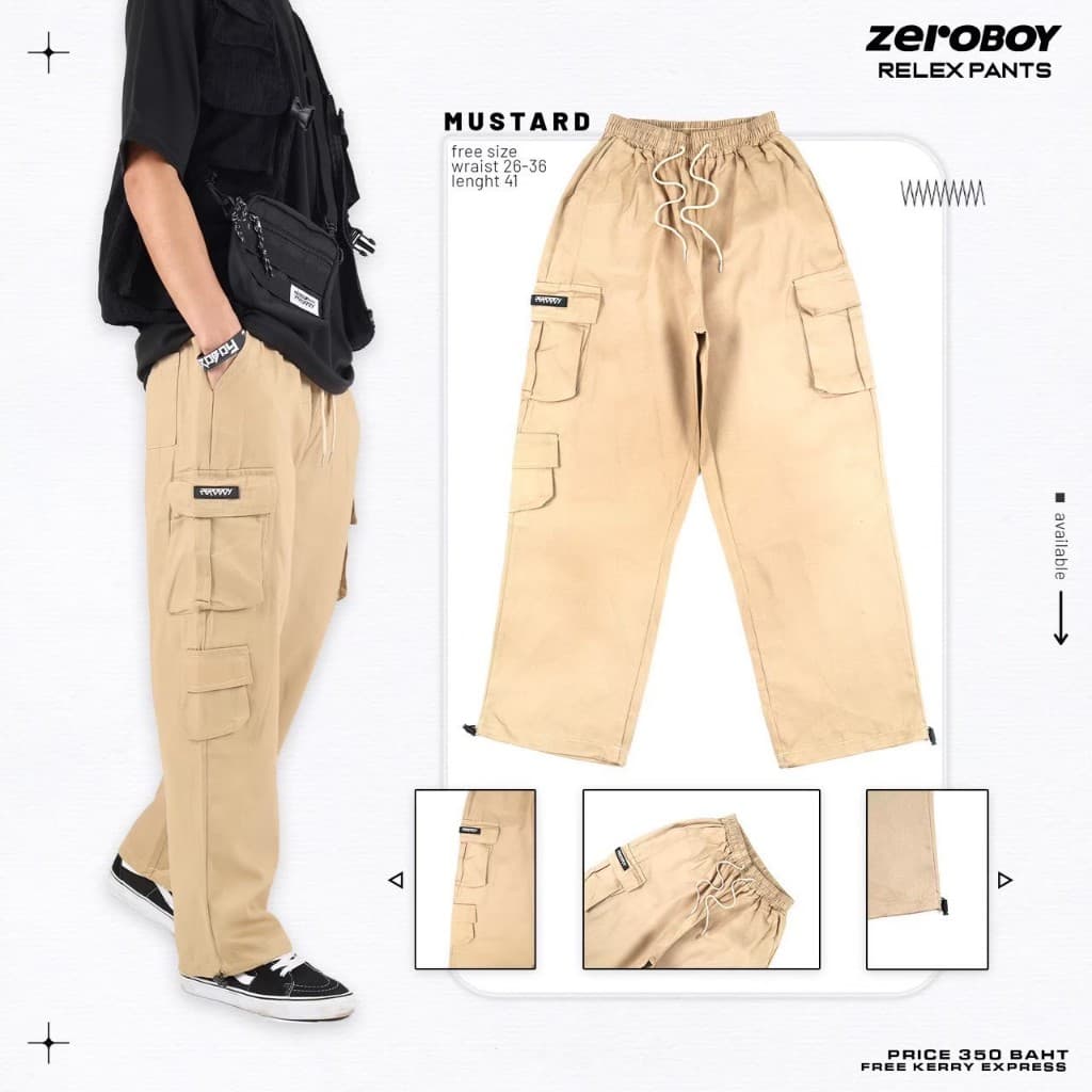 ZEROBOY- RELEX PANTS กางเกงวินเทจขายาวเอวยางยืด 5 สี กางเกงคาร์โก้ สีดำ สีครีมขาว สีครีมเหลือง สีเทา สีเขียวขี้ม้า https://wayoza.com