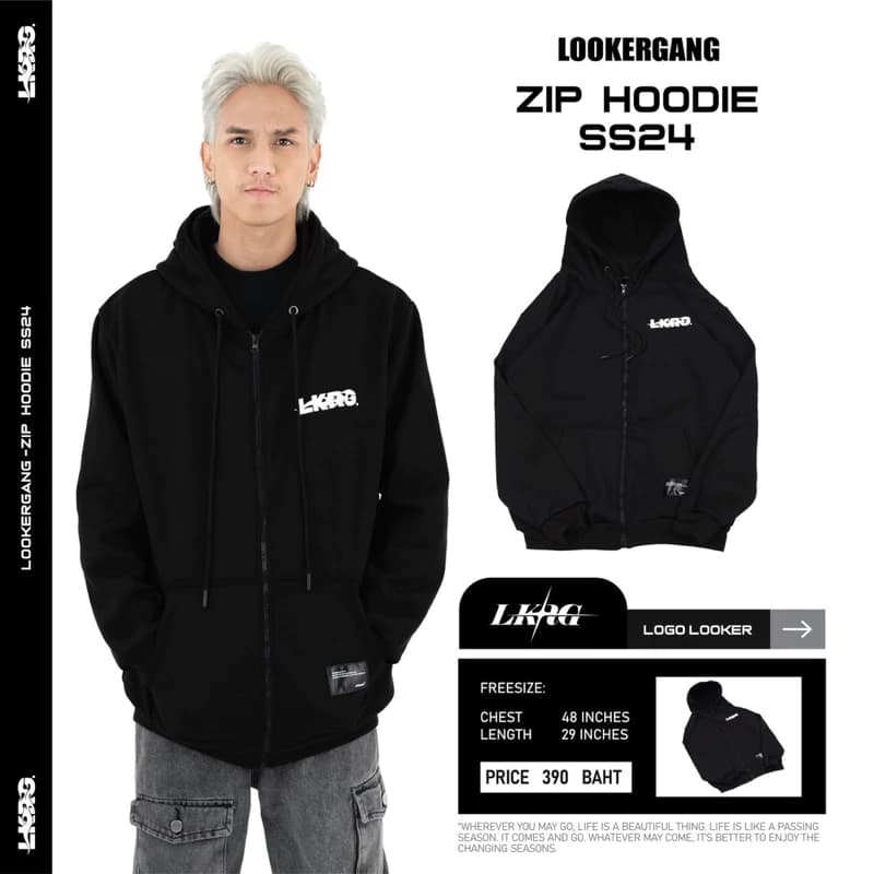 LOOKERGANG -Zip Hoodie ฮู้ดซิปสีดำ ฮูดแขนยาว https://wayoza.com