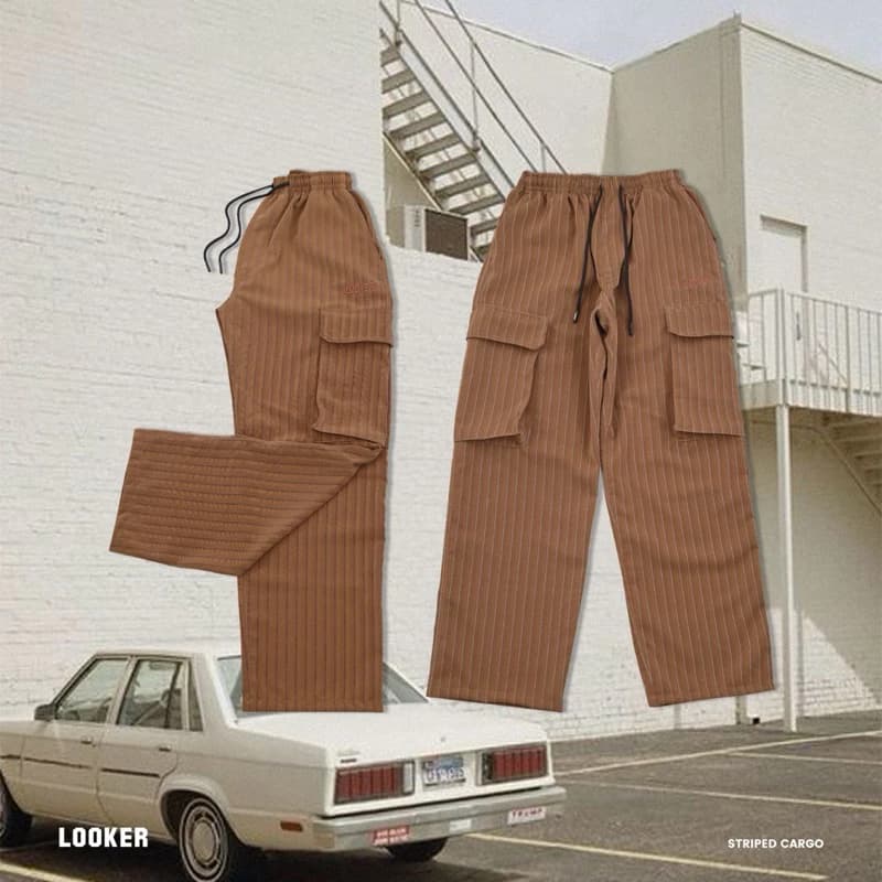 LOOKER Striped Cargo กางเกงขายาวคาร์โก้ลายทาง สีขาว สีน้ำตาล สีเทา สีกรมท่า https://wayoza.com