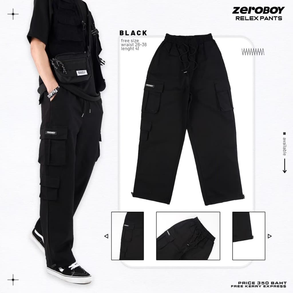 ZEROBOY- RELEX PANTS กางเกงวินเทจขายาวเอวยางยืด 5 สี กางเกงคาร์โก้ สีดำ สีครีมขาว สีครีมเหลือง สีเทา สีเขียวขี้ม้า https://wayoza.com