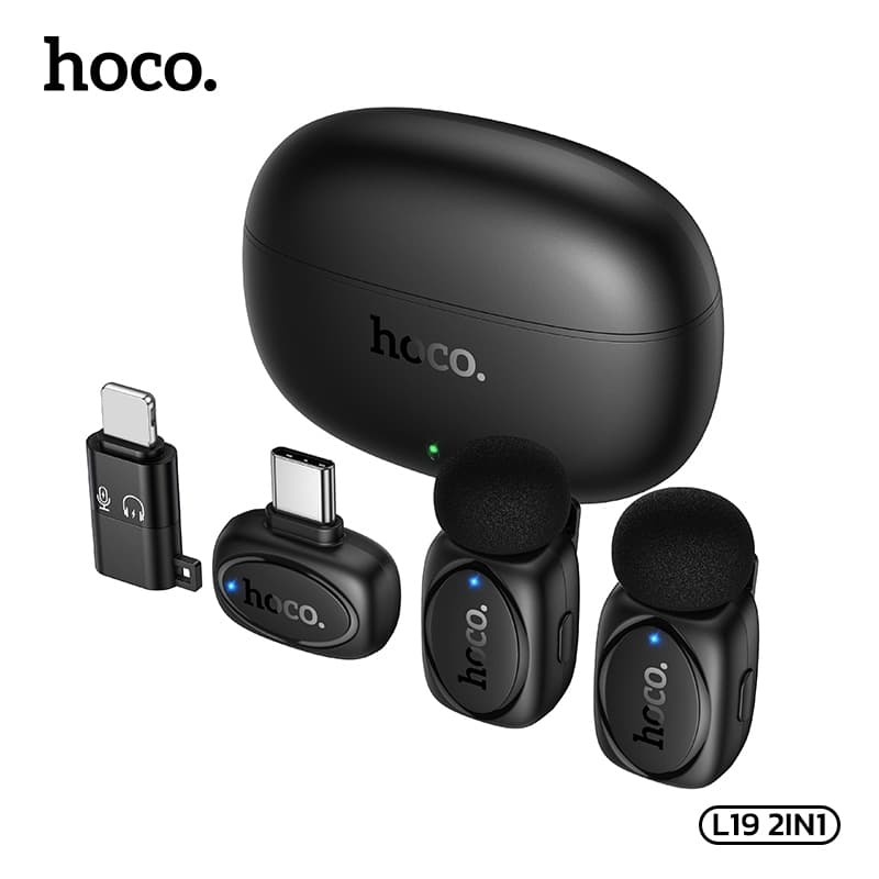 HOCO L19 ไมโครโฟนไร้สาย หนีบปกเสื้อ 2 in 1 รอบทิศทาง 360 องศา มีฟังก์ชั่นการเปลี่ยนเสียง เคสจัดเก็บ พกพาสะดวก https://wayoza.com
