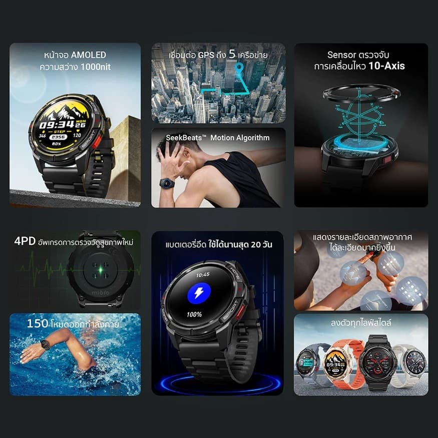 Mibro Watch GS Active สมาร์ทวอทช์ GPS ในตัว กันน้ำ 5ATM จอ AMOLED 60Hz ความสว่าง 1000Nit https://wayoza.com