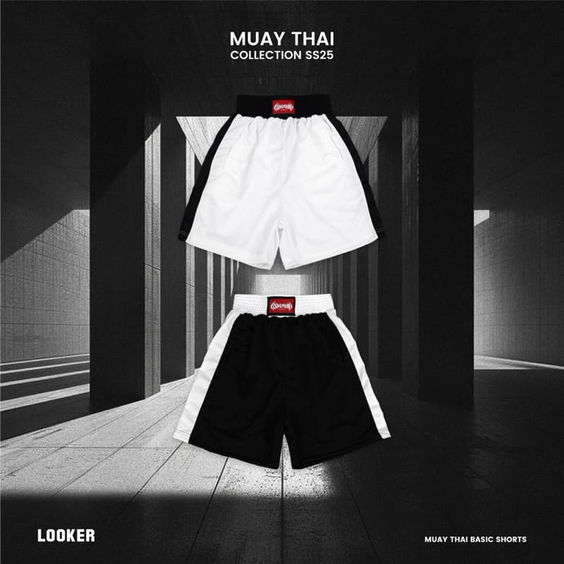 LOOKER กางเกงขาสั้นมวยไทยเบสิค - MUAYTHAI Basic Shorts สีขาว สีดำ https://wayoza.com