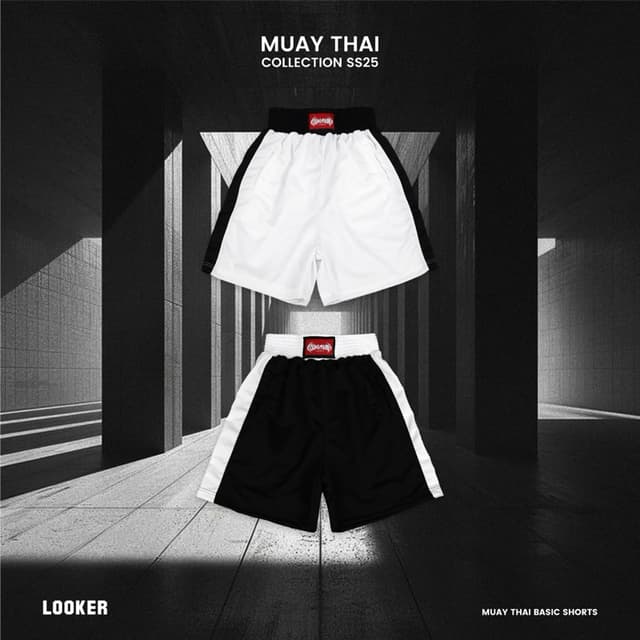 LOOKER กางเกงขาสั้นมวยไทยเบสิค - MUAYTHAI Basic Shorts สีขาว สีดำ