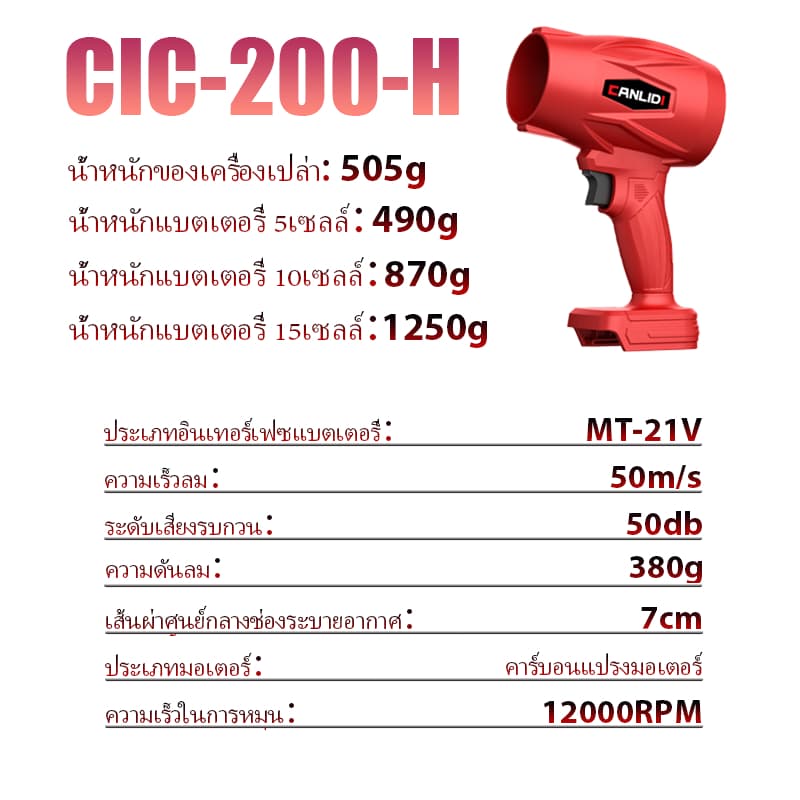 CANLIDI รุ่น CIC-200-H เครื่องเป่าลมไร้สาย แบบพกพา พลังงานสูง พัดลมเทอร์โบ เครื่องเป่าลม เป่าลมไร้สาย High Power Blower Turbo Fan แบตเตอรี่ MT-21V https://wayoza.com